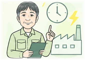 時計の前で説明する技術者と工場のイラスト