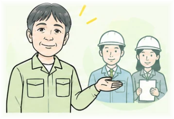 現場の技術者たちを紹介する担当者のイラスト